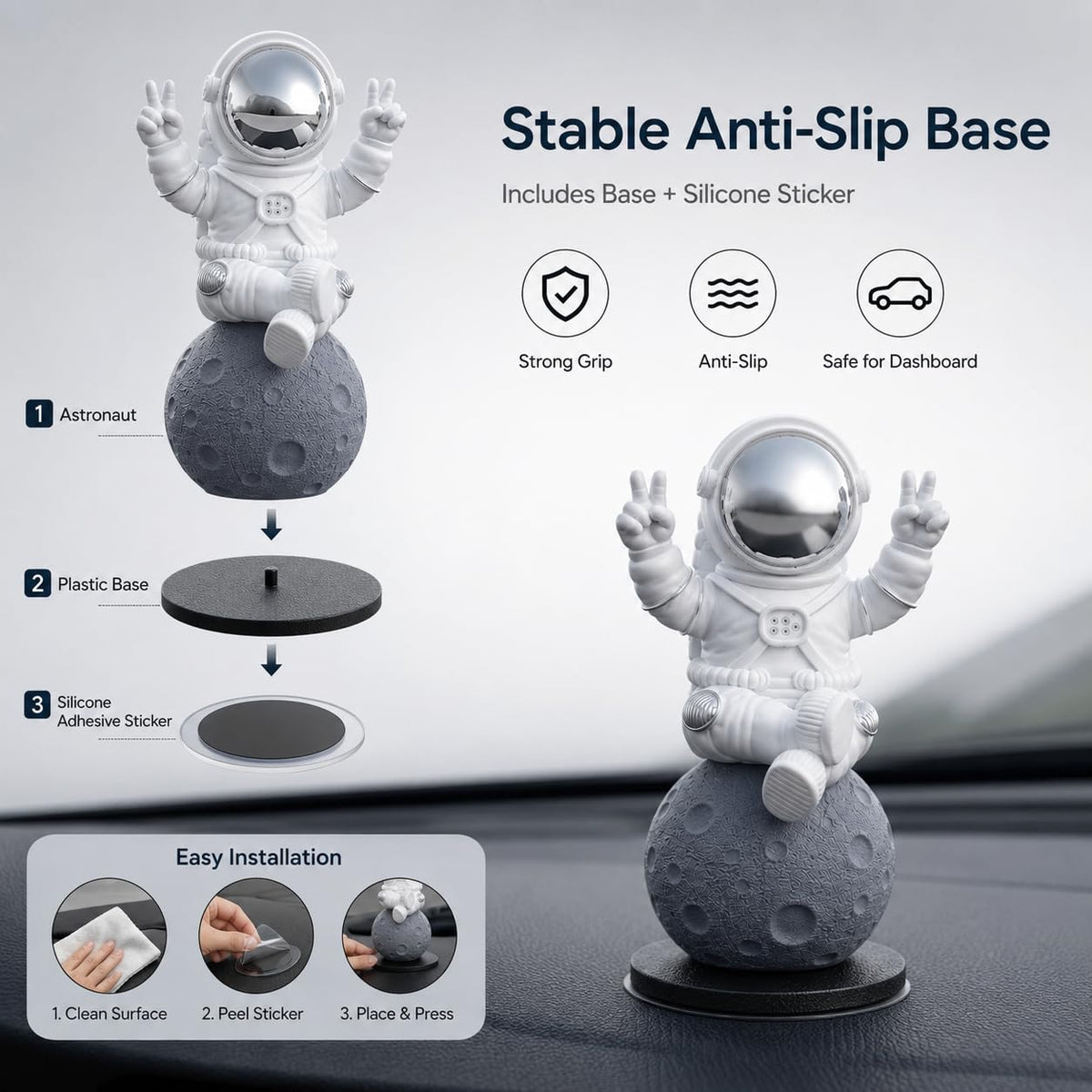 Astronaut Figurine Showpiece for Home Décor, Office Desk, Car Dashboard & Table Decoration | Space Astronaut Statue Collectible Gift for Home, Room & Workspace (Sitting on Moon Silver Large)