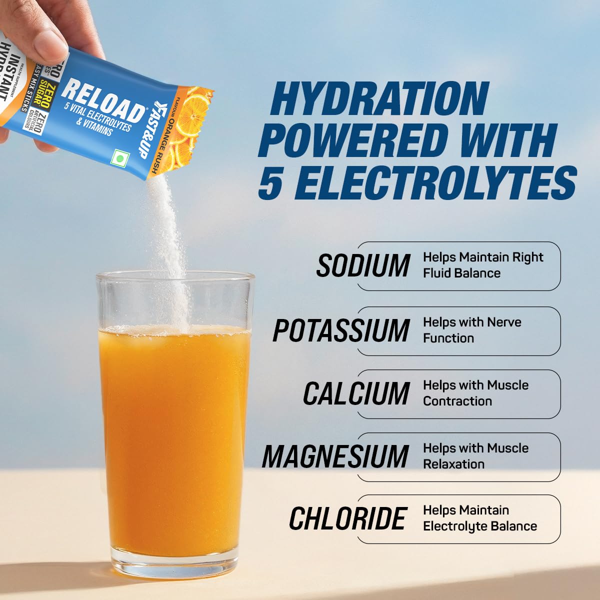 Fast&Up Reload Electrolytes Powder Sachets | Zero Added Sugar Hydration Drink with 5 Essential Electrolytes Vitamin C & B12 | Summer Heat, Workout Recovery, Travel & Wellness | Orange Rush, Pack of 15 Sachets