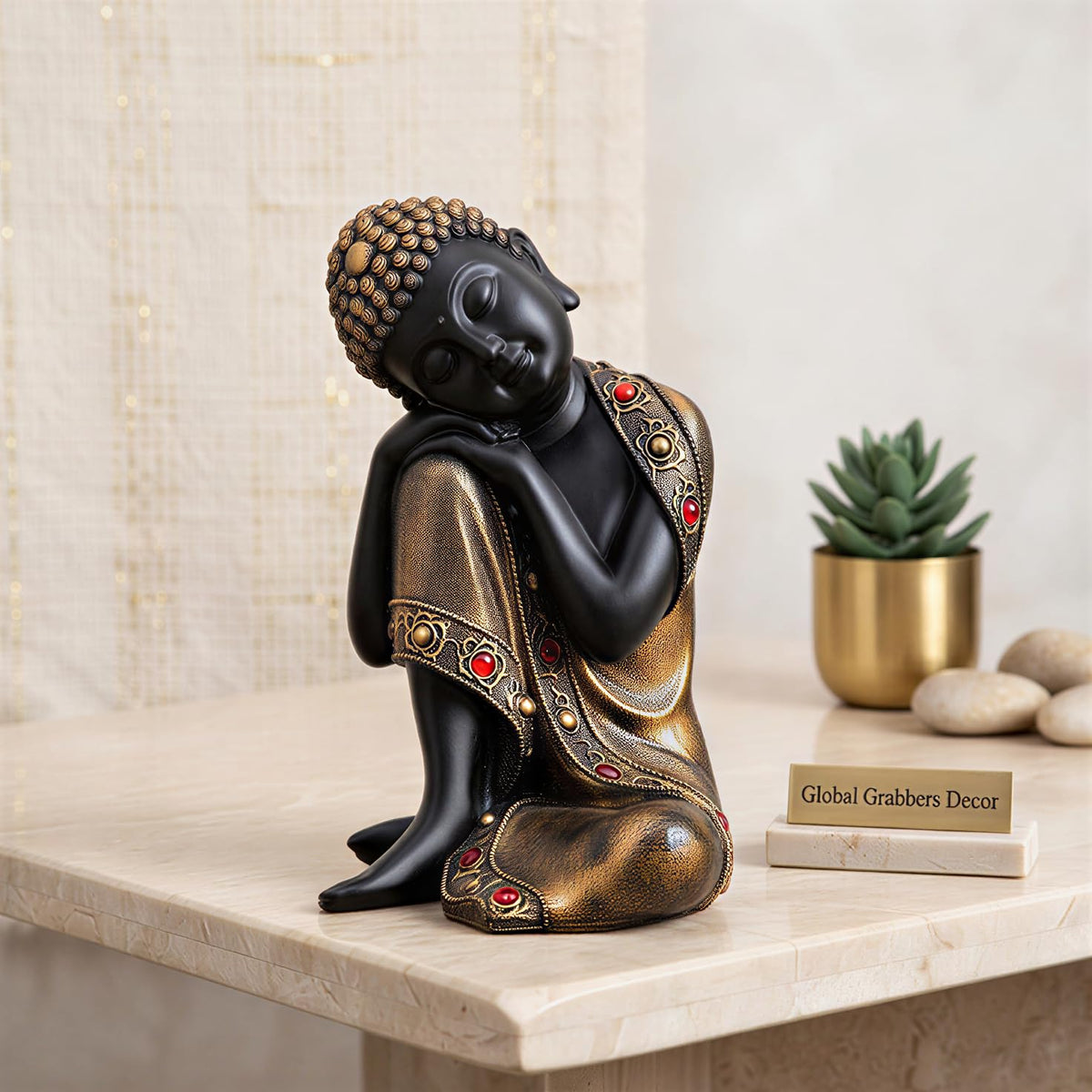 Buddha Idol Statue | Show Pieces for Home Decor Living Room (Black Golden)