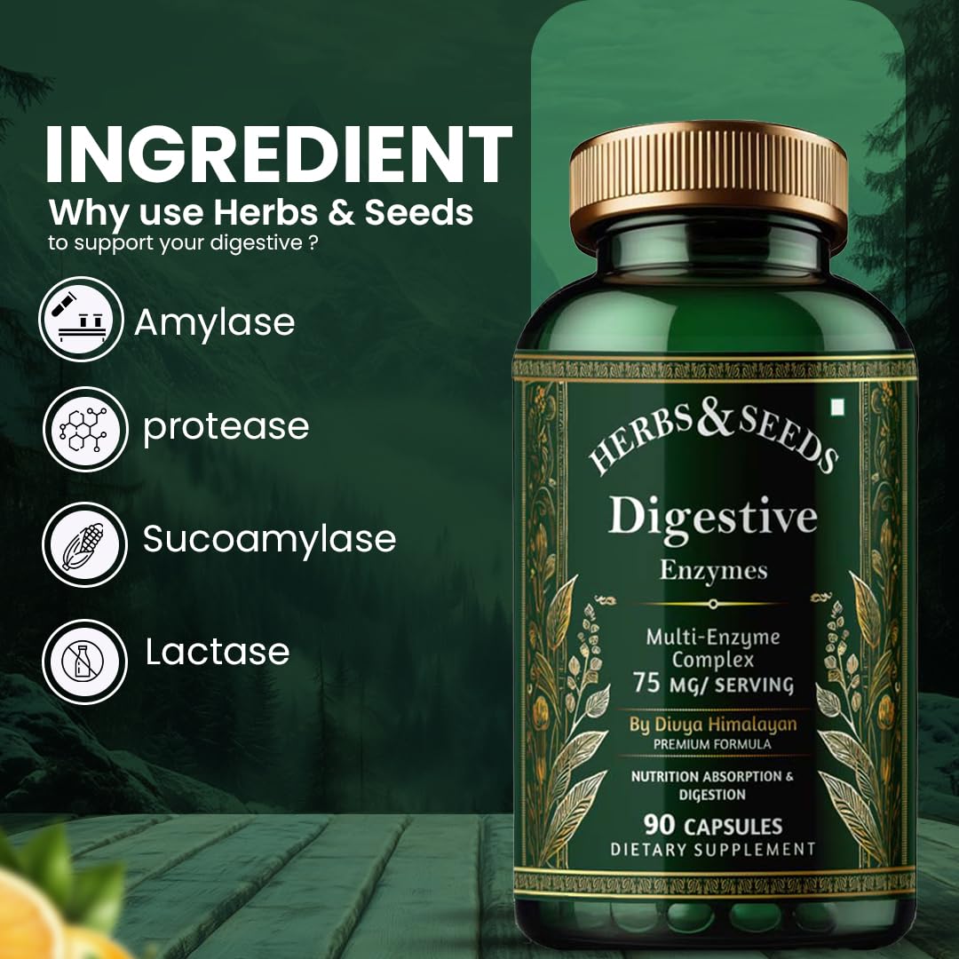 Herbs & Seeds digestive enzymes supplement bottle with green background and text about digestive benefits.