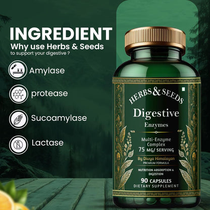 Herbs & Seeds digestive enzymes supplement bottle with green background and text about digestive benefits.