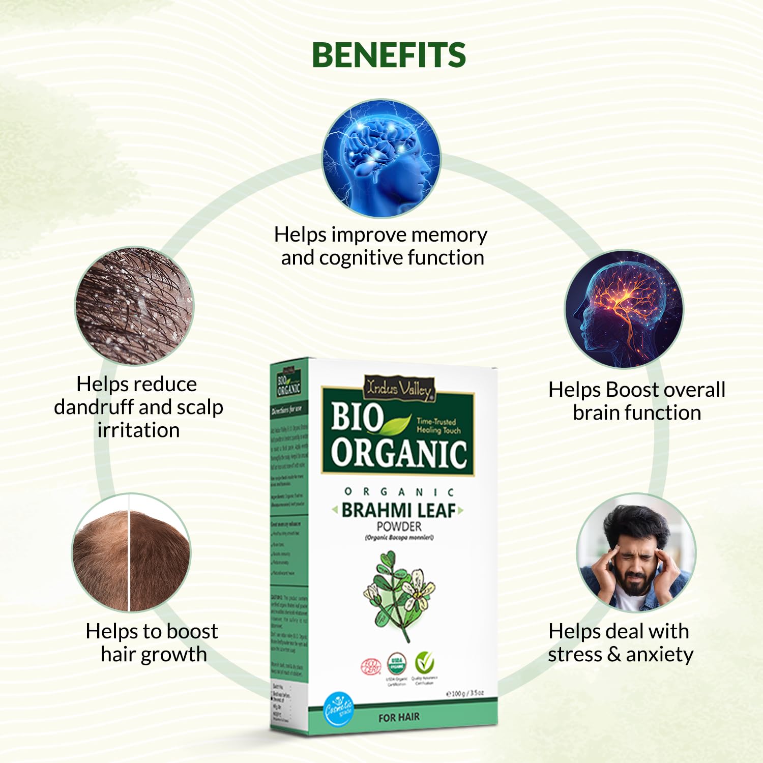 Bio Organic Brahmi Leaf Powder packaging with health benefits displayed on a light green background