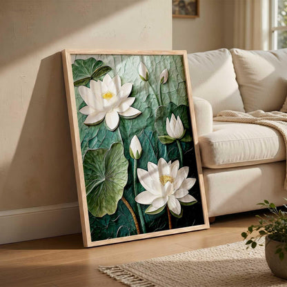 Aesthetic lotus Art Home Decoration Painting | Floral Paintings With Frame For Living Room Bed Room Hotel Wall Decor Digital Reprint (13x17 inch)