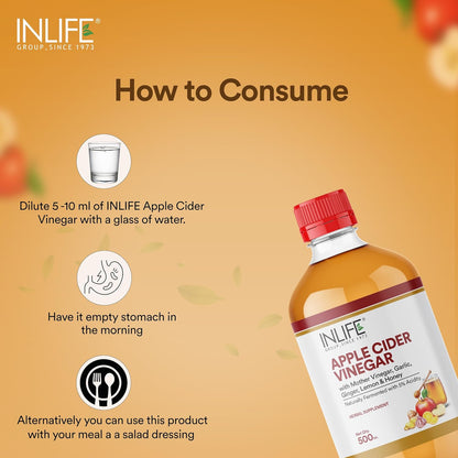 INLIFE Apple Cider Vinegar with Garlic Ginger Lemon Honey | Mother of Vinegar Raw Unfiltered Unpasteurized, 500 ml