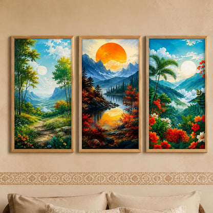 Set of 3 Mountain Valley Nature Wall Paintings with Sparkle Laminate, Premium Wooden Synthetic Frame, Sunrise Moon Landscape Art for Living Room Bedroom Decor