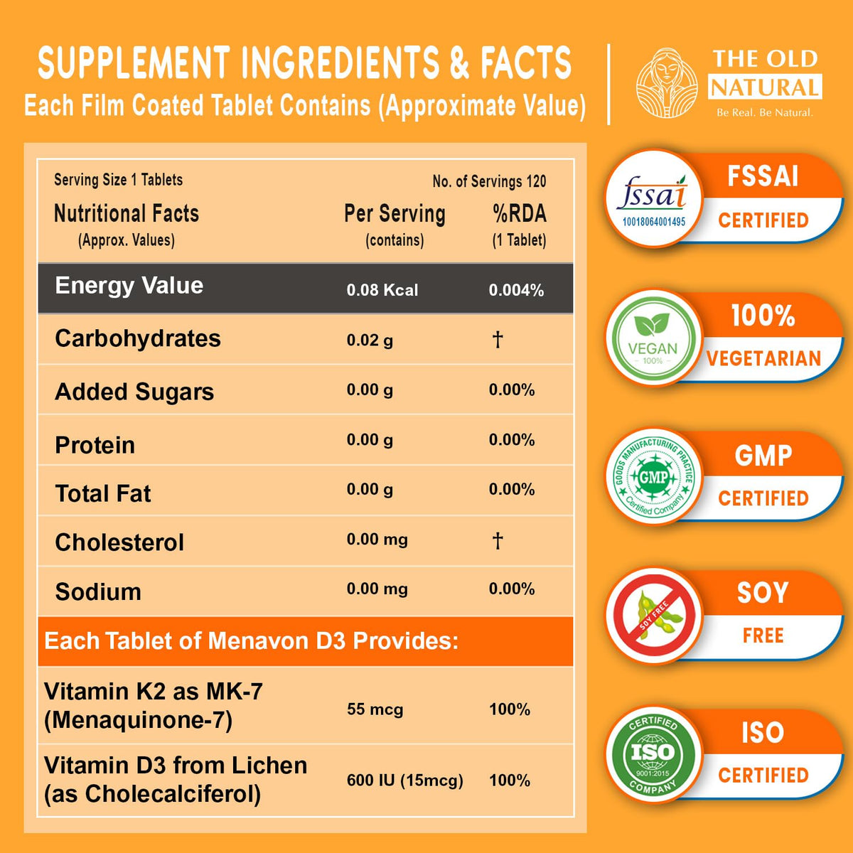 The Old Natural Nuvit-D3, Vitamin D3 K2 MK7 Tablets, Vitamin D3 (Lichen) + K2 for Bone Strength & Calcium Absorption, Heart & Immunity Support, High Absorption Formula (120 Tablets)