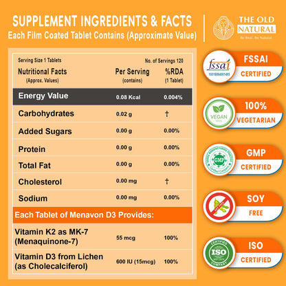 The Old Natural Nuvit-D3, Vitamin D3 K2 MK7 Tablets, Vitamin D3 (Lichen) + K2 for Bone Strength & Calcium Absorption, Heart & Immunity Support, High Absorption Formula (120 Tablets)