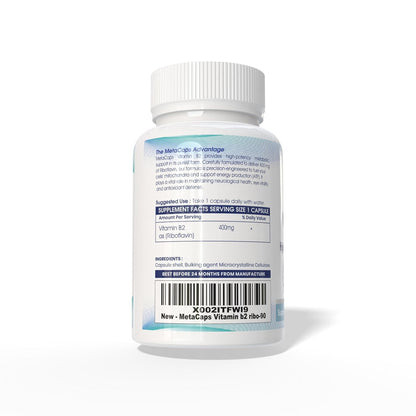 MetaCaps Vitamin B2 Riboflavin– 90 Veg Capsules | High-Potency Metabolic Spark for Energy & Mitochondrial Support | Promotes Neurological Health & Vision