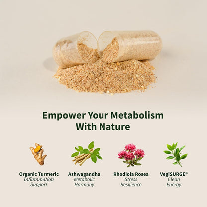 Supplement capsules with a pile of powder on a light background, featuring text and images of natural elements.