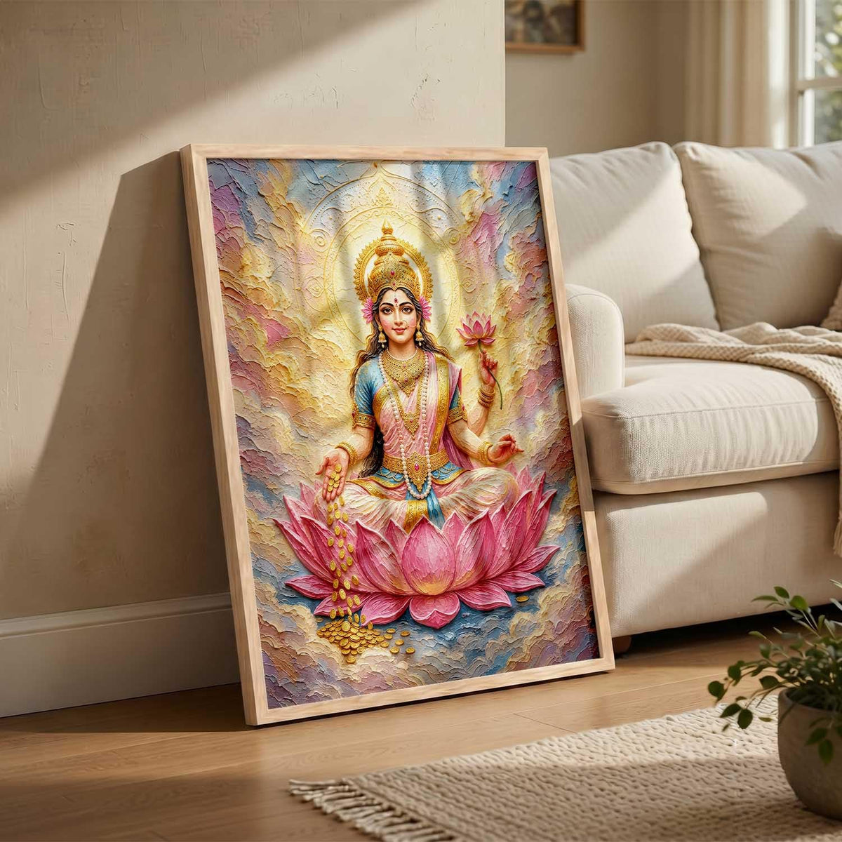 Hindu God Wall Art WALL ART Prints Framed Spiritual Religious Paintings for Living Room, Pooja Room, Bedroom, Office, Meditation Room, Home Decor (Saraswati ma, 13X19, Brown)