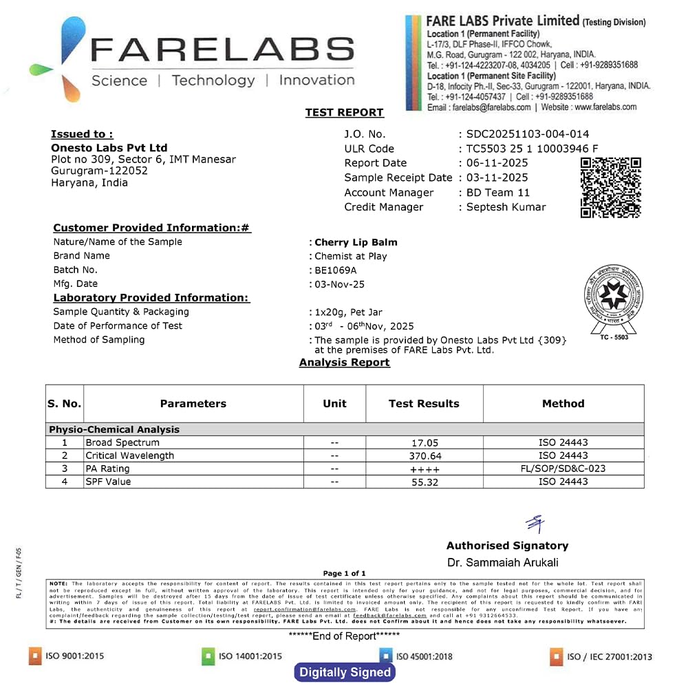 Analysis report from Fare Labs with test results for a cherry lip balm.