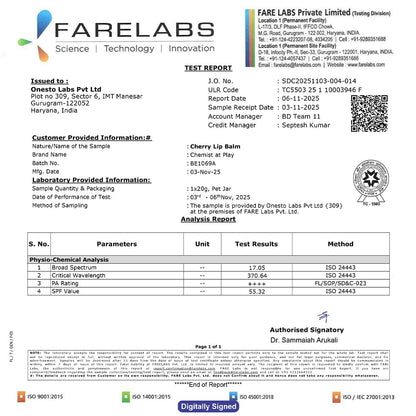 Analysis report from Fare Labs with test results for a cherry lip balm.