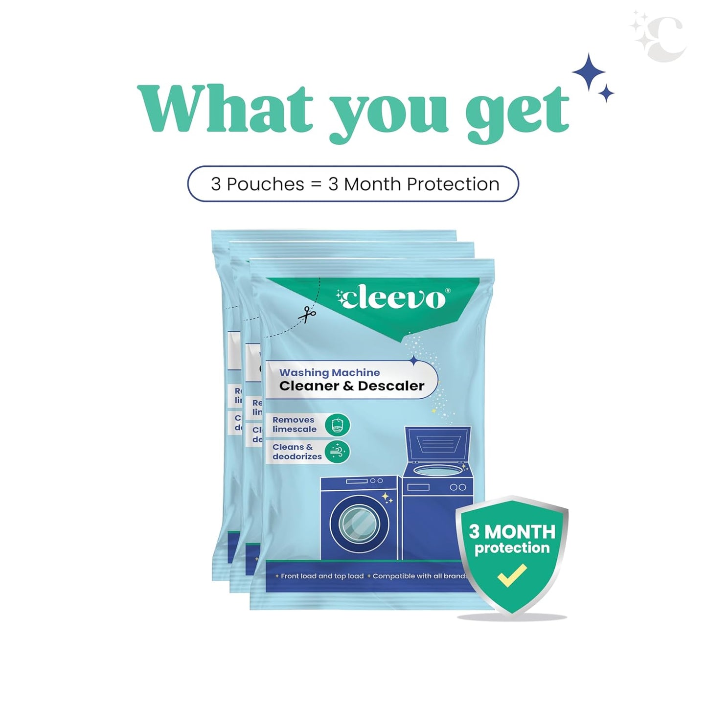 Cleevo Washing Machine Cleaner & Descaler Powder – Pack of 3 | Removes Limescale, Odour & Residue | Non-Toxic, Phosphate-Free | Front & Top Load Safe