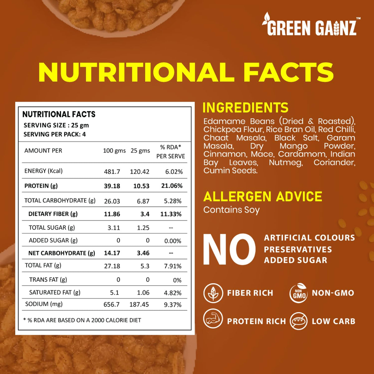 Green Gainz Roasted Edamame New Desi Masala Flavour | Healthy Namkeen Snacks | Protein Rich Snacks | High Protein Clean Label | Protein Rich Namkeen | No Palm Oil (pack of 1-100gm each)
