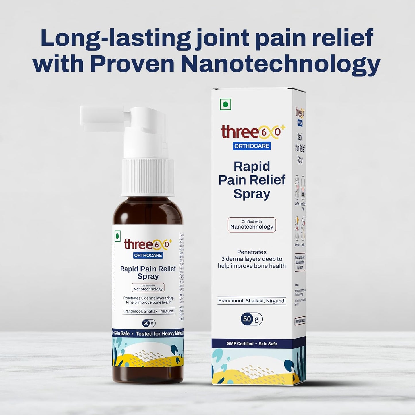 three60+ Rapid Pain Relief Spray | Fast Absorption & Long-Lasting Relief | Enriched with Erandmool, Shallaki, Wintergreen Oil & Nirgundi | Built with Advanced Nanotechnology