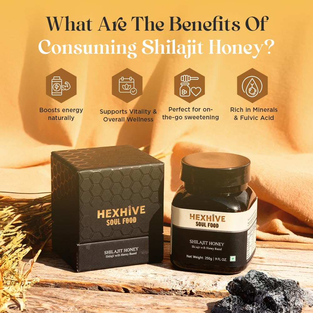 Hexhive Shilajit Honey jar and packaging with benefits listed on a wooden surface.