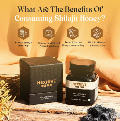 Hexhive Shilajit Honey jar and packaging with benefits listed on a wooden surface.
