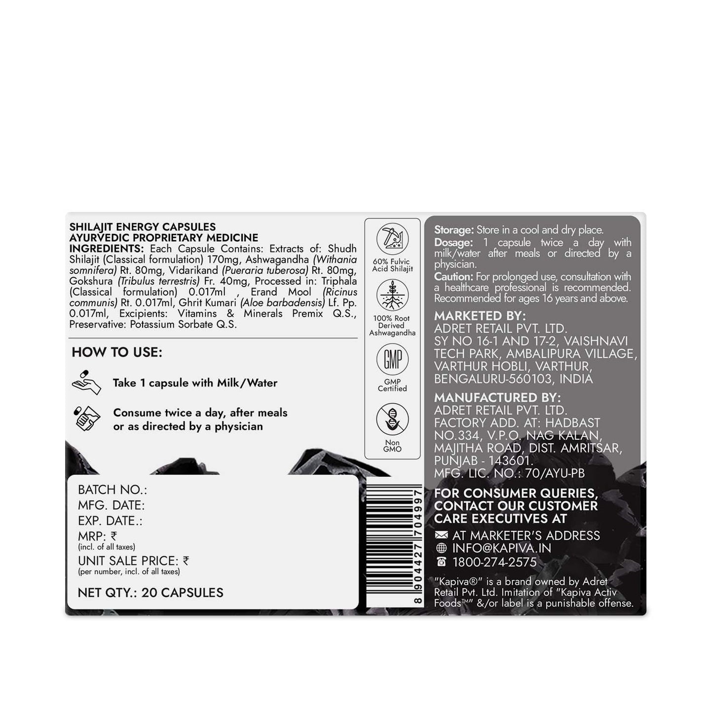 Kapiva Shilajit/Shilajeet Energy 20 Capsules | Made with 100% Pure Shilajit | For All Day Energy & Stamina | With Ashwagandha,Gokshura | 100% Ayurvedic