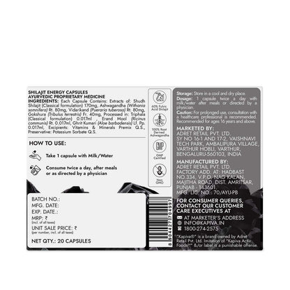 Kapiva Shilajit/Shilajeet Energy 20 Capsules | Made with 100% Pure Shilajit | For All Day Energy & Stamina | With Ashwagandha,Gokshura | 100% Ayurvedic
