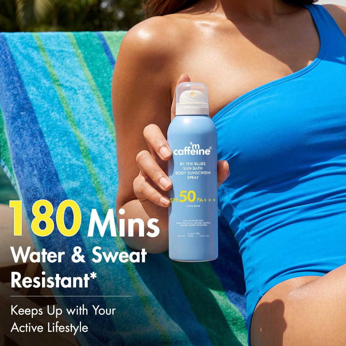 mCaffeine Sun Bath Body Sunscreen Spray SPF 50 PA +++ | In-vivo Tested | UVA & UVB Protection, Invisible, Non-Greasy | Water & Sweat Resistant Spray | By The Blues - Aquatic Woody Fragrance - 100ml