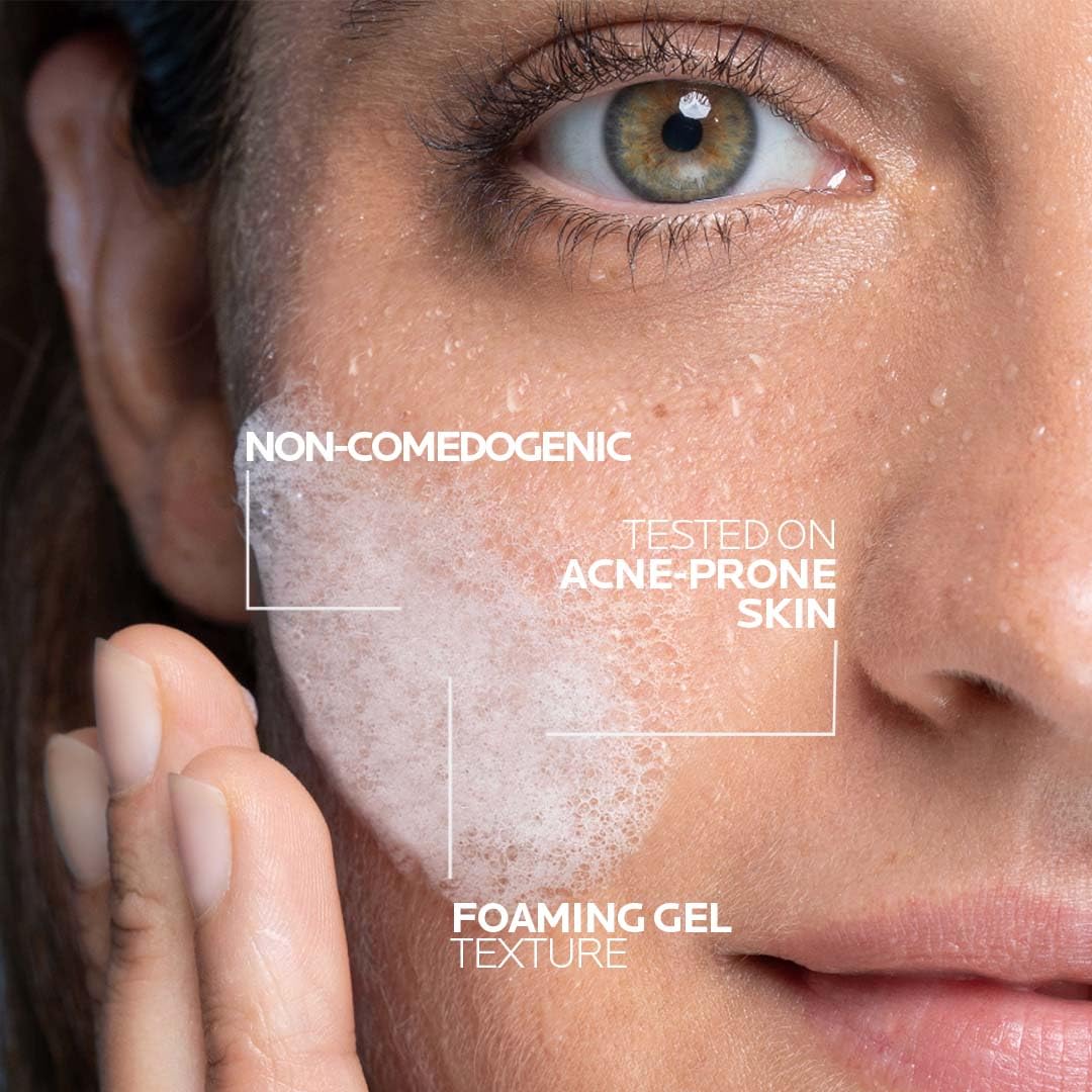 Close-up of a person's face with text indicating product features