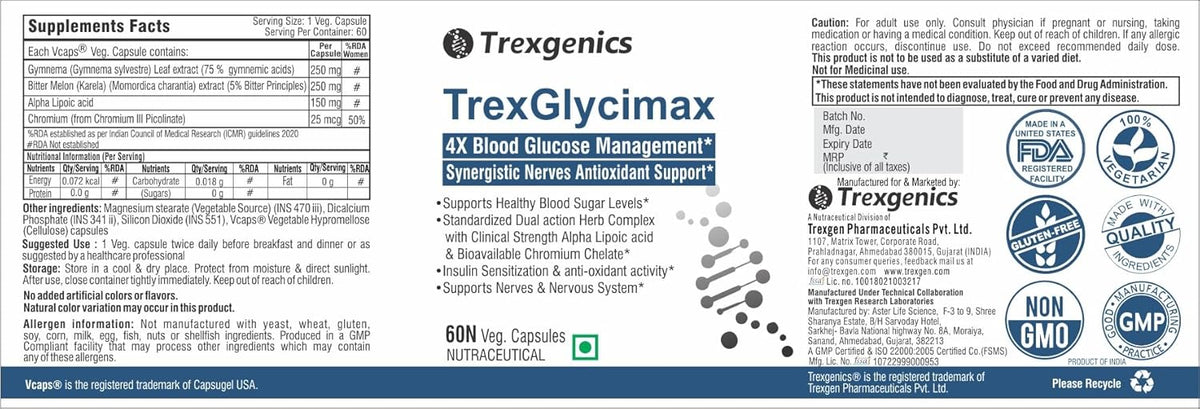 Trexgenics TrexGlycimax supplement packaging with label and branding elements.