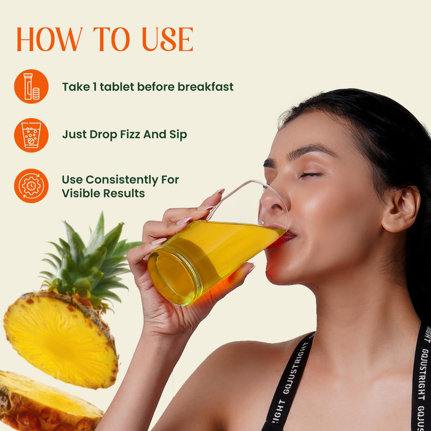 Woman drinking a yellow beverage with pineapple slices and instructions on how to use it.