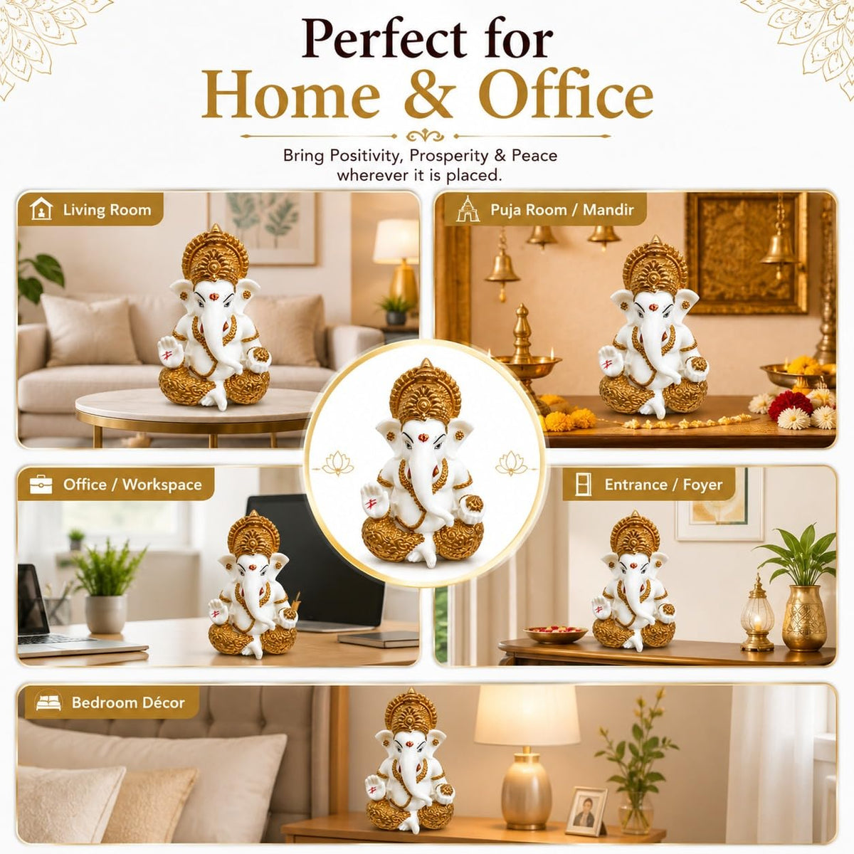 White & Gold Ganesha Idol for Home Decor, Ganpati Bappa Murti for Puja Room, Lord Ganesh Statue for Car Dashboard & Office Desk, Decorative Hindu God Showpiece, 3.3 Inch