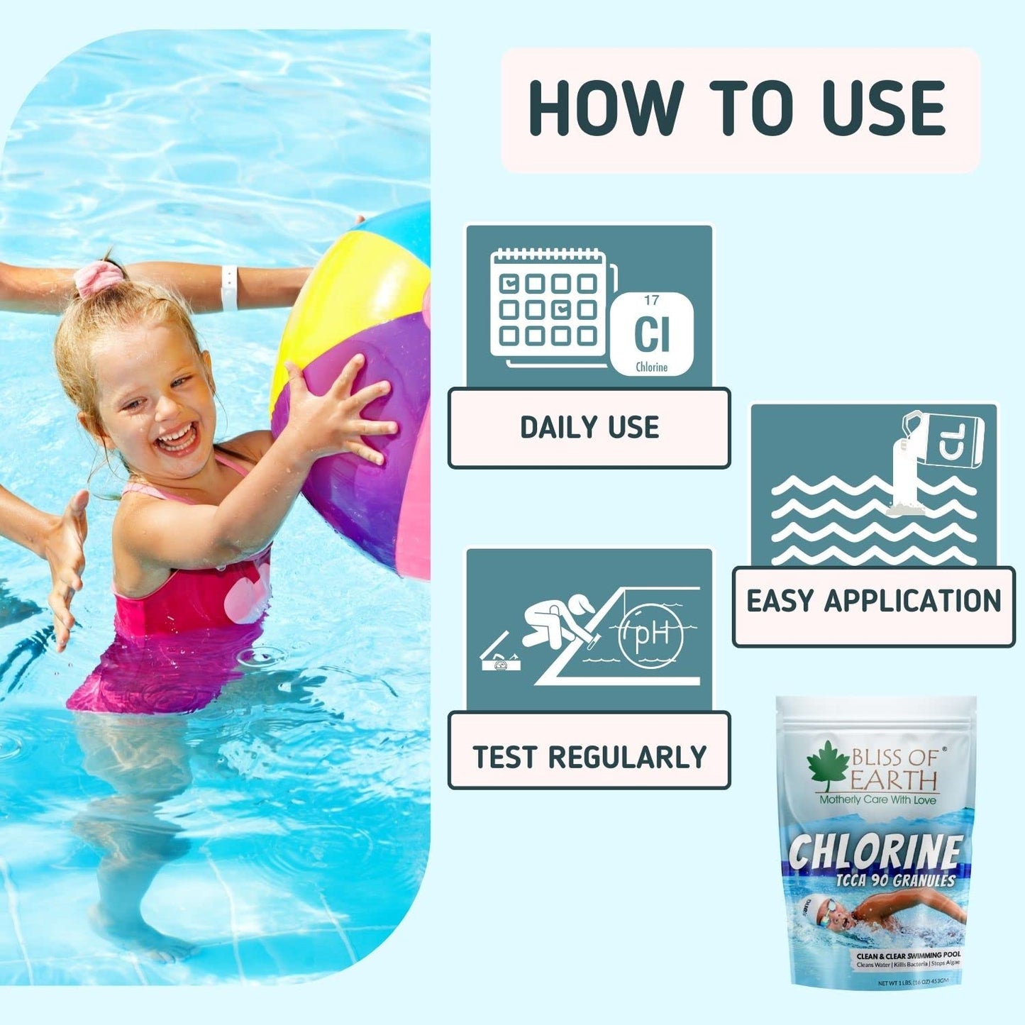 Bliss of Earth Japanese Chlorine Powder for Pool, Clean & Clear Swimming Pool, Kills Bacteria & Stops Algae, Pool Disinfectant Granular Chlorine, 907g