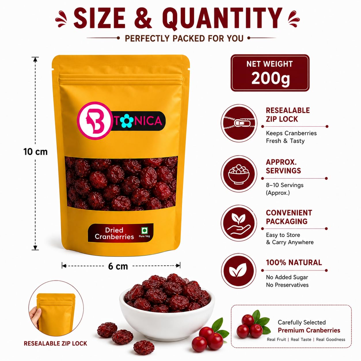 Btonica Unsweetened Cranberries – Non-Sugar Coated Whole Dried Berries | No Added Sugar, No Preservatives