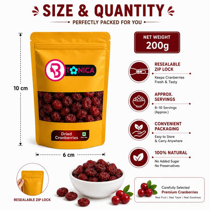 Btonica Unsweetened Cranberries – Non-Sugar Coated Whole Dried Berries | No Added Sugar, No Preservatives