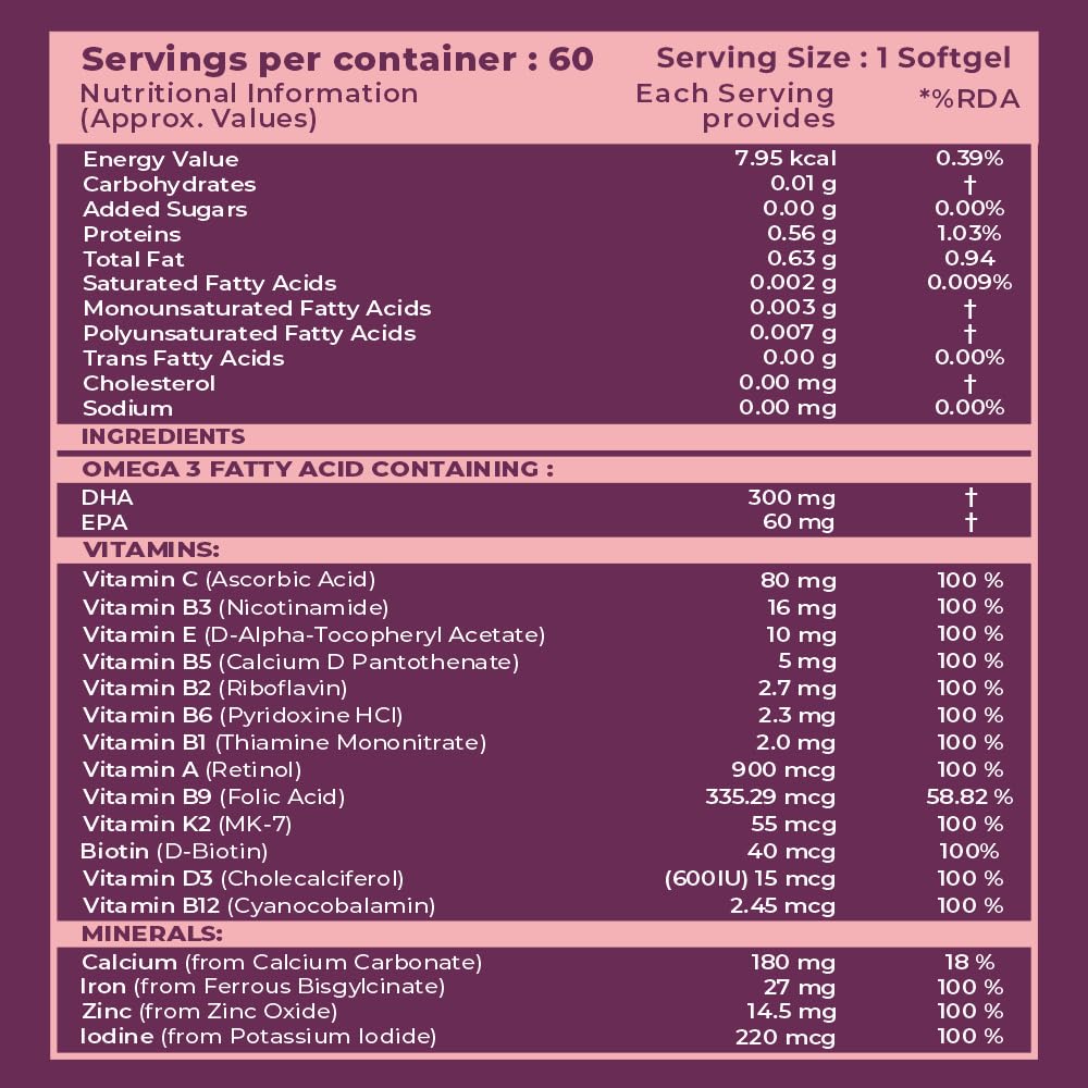 Nutritional information and ingredient list for a supplement on a purple background