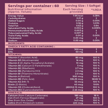 Nutritional information and ingredient list for a supplement on a purple background