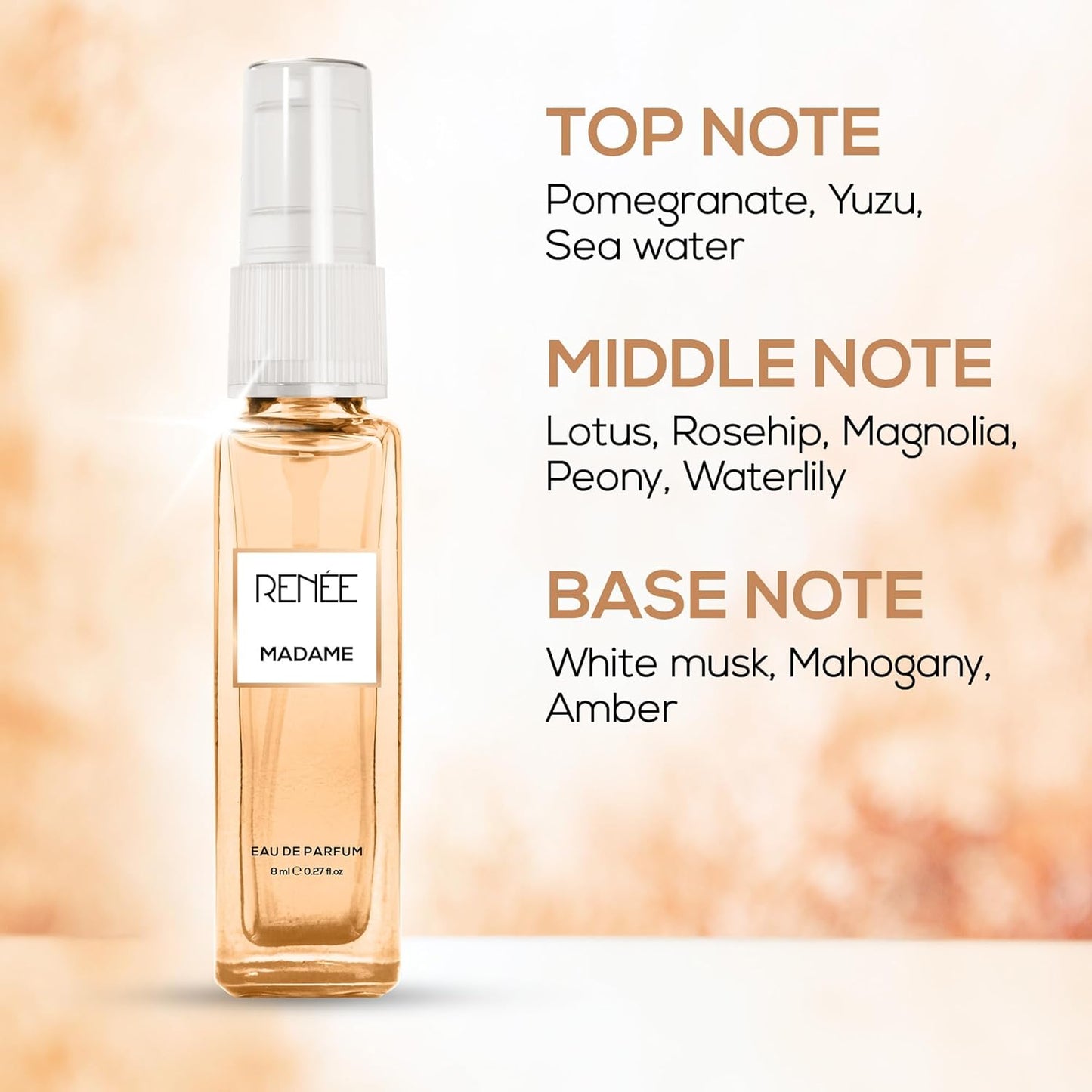 RENEE Madame Eau De Parfum 8ml - Premium Long-Lasting Fragrance with Notes of Pomegranate, Yuzu, Peony & Amber - Versatile Scent for All Occasions - Redefine Elegance & Sophistication