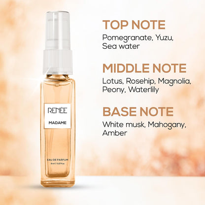 RENEE Madame Eau De Parfum 8ml - Premium Long-Lasting Fragrance with Notes of Pomegranate, Yuzu, Peony & Amber - Versatile Scent for All Occasions - Redefine Elegance & Sophistication