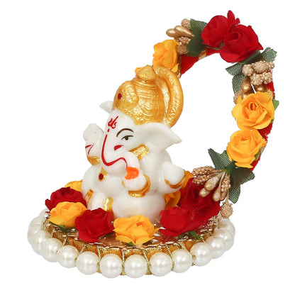 Resin Lord Ganesha Idol On Decorative Rose Flower Plate- Ganesha Idol for Home Decor Car Dashboard- Ganesha Statue- Ganesh Murti- Ganpati Murti God Statue Gift for Diwali Housewarming