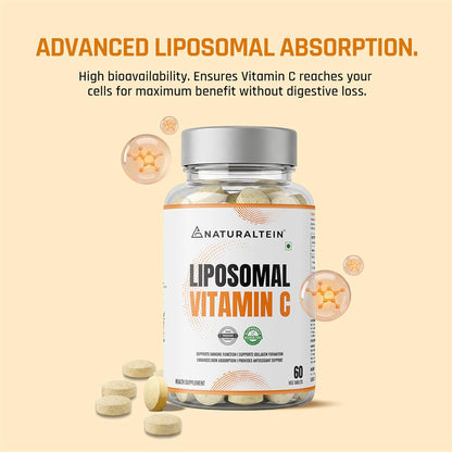 Bottle of Anaturaltein Liposomal Vitamin C with text about advanced liposomal absorption on a beige background.