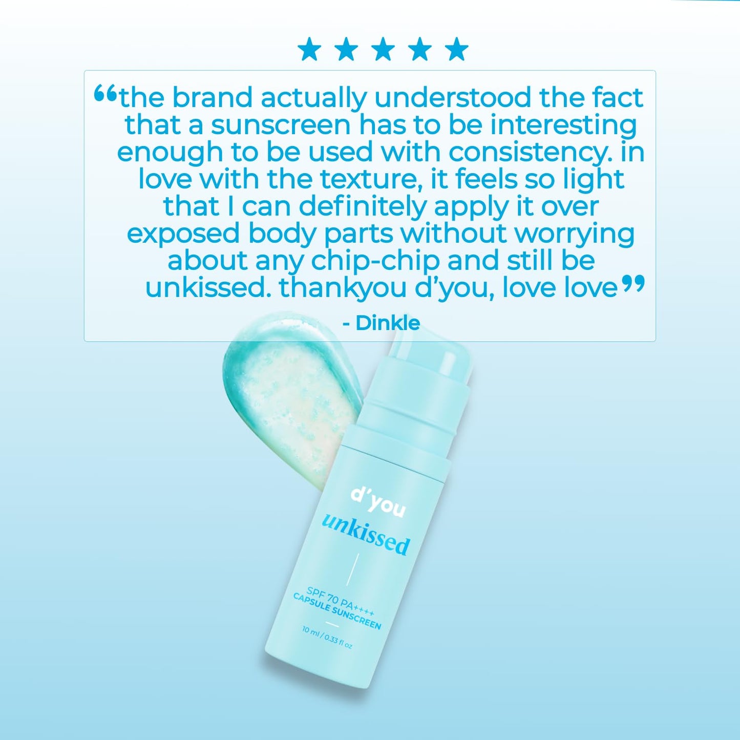 d'you unkissed Serum Sunscreen Broad Spectrum SPF 70+ & PA++++ No Whitecast Hydrating & Cooling 14 Soothing Plant Extracts 10ml