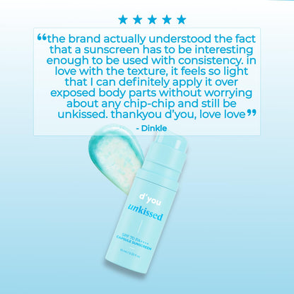 d'you unkissed Serum Sunscreen Broad Spectrum SPF 70+ & PA++++ No Whitecast Hydrating & Cooling 14 Soothing Plant Extracts 10ml