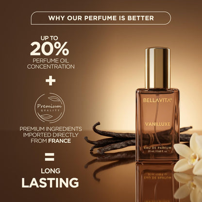 BELLAVITA Vanilluxe | Long Lasting | 20ml | Perfume for Man |Unisex Perfume | Cedarwood, Jasmine | Musky, Floral, Vanilla Premium Fragrance