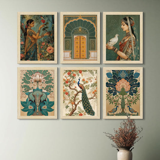 Rangmala Indian Madhubani Art Paintings with Frame for Home Decor, Wall Painting for Living Room, Multicolor, Natural Wood Color Frames, 10x13 inch, Set of 6