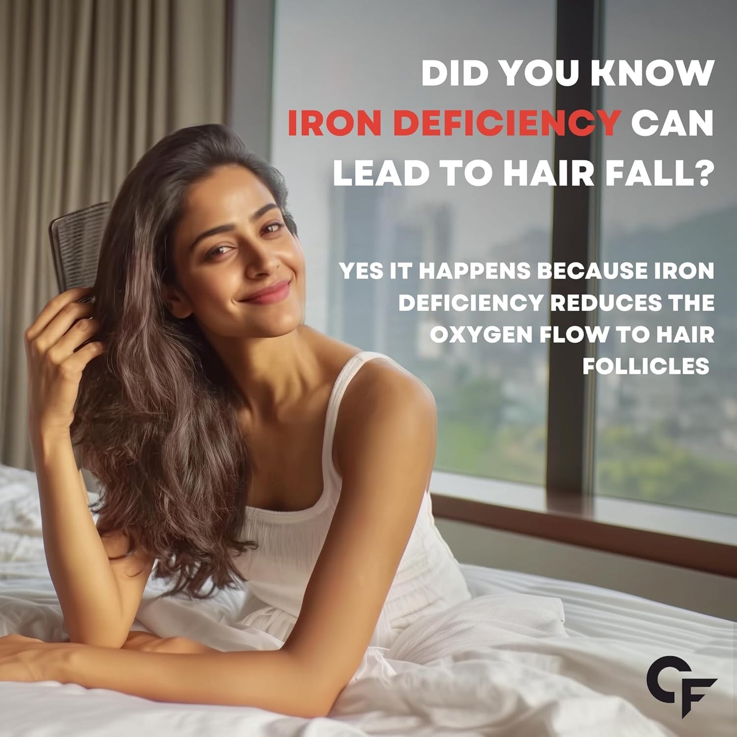 Woman combing her hair with text about iron deficiency and hair fall