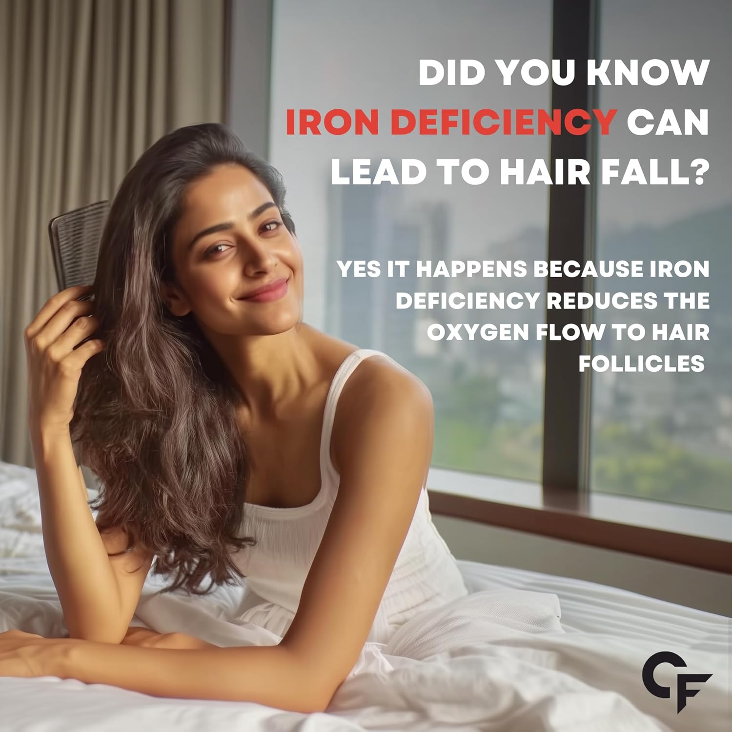Woman combing her hair with text about iron deficiency and hair fall