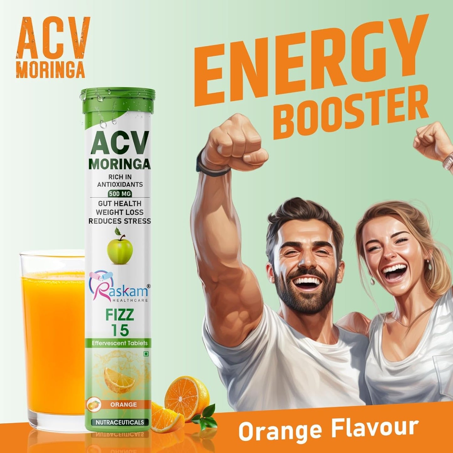 ACV Moringa Antioxidant Effervescent Tablets | Fizz 15 Effervescent Tablets (Pack of 1) |Orange Flavour, 500mg | Natural Liver Detox and Gut Health