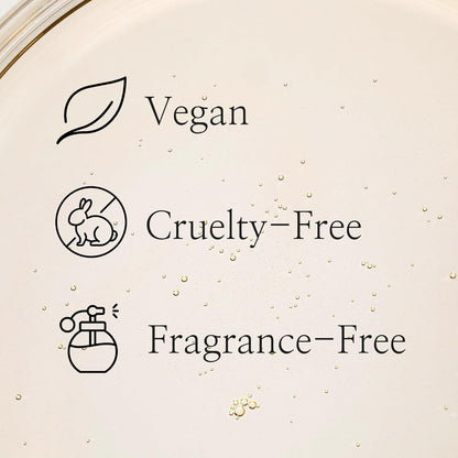 Icons and text indicating vegan, cruelty-free, and fragrance-free products on a beige background.