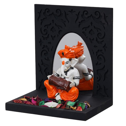 Orange White Resin Lord Ganesha Idol Playing Dholak Showpiece Potpourri Tea Light Candle Holder| Ganpati Murti Tea Light Holder Diwali Decoration Items for Home Decor Office| Diwali Gift