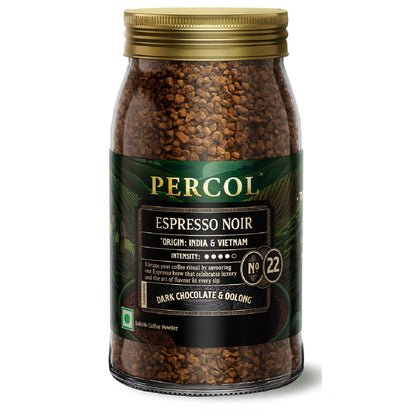 PERCOL Premium Instant Coffee | Espresso Noir Blend 22 | Crafted with Premium Imported Beans | Freeze Dried | Designed in UK | 100g Jar | 100% Pure Coffee | Flavorful & Aromatic