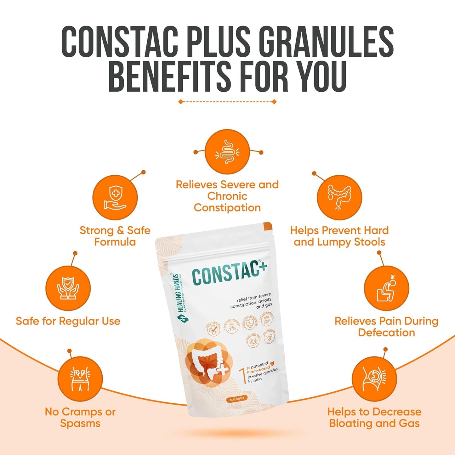 Healing Hands Constac Plus for Relief in Severe Constipation, Acidity and Gas, Plant Based Natural Constipation Solution, Clinically Proven, Herbal, Strong – 500 gm (Granules)