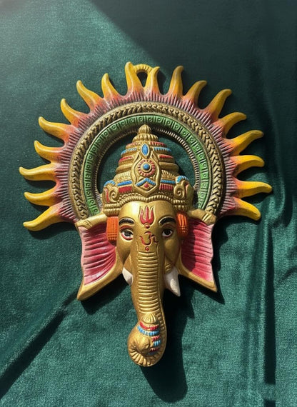 Traditional Handcrafted Ganesha Wall Decor, Metal Elephant God Sculpture with Sunburst Design, Gold and Multicolor, Religious Hindu Art