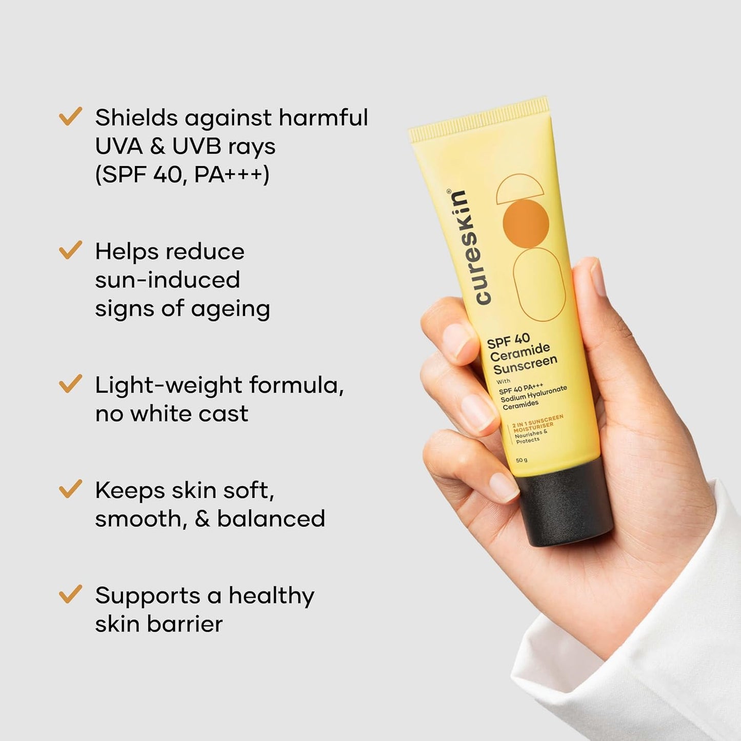 Cureskin SPF 40 Ceramide Sunscreen with Hyaluronic Acid & Ceramides | 2-in-1 Sunscreen Moisturizer, Broad Spectrum, SPF 40 & PA+++, 50 g (Pack of 1)